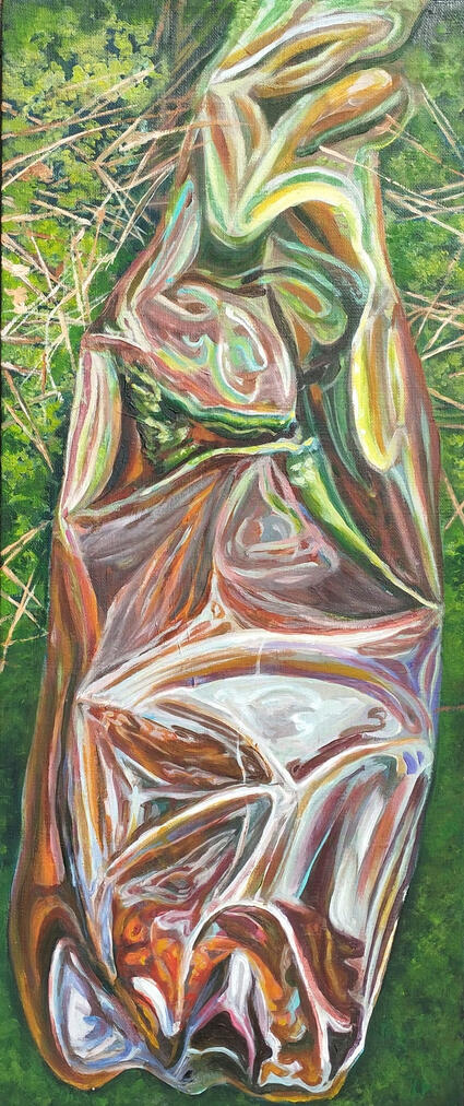 Śmieci z lasu. Jeden śmieć rozkładany przez pędzel malarki. Obraz akrylowy na płótnie 45x70cm