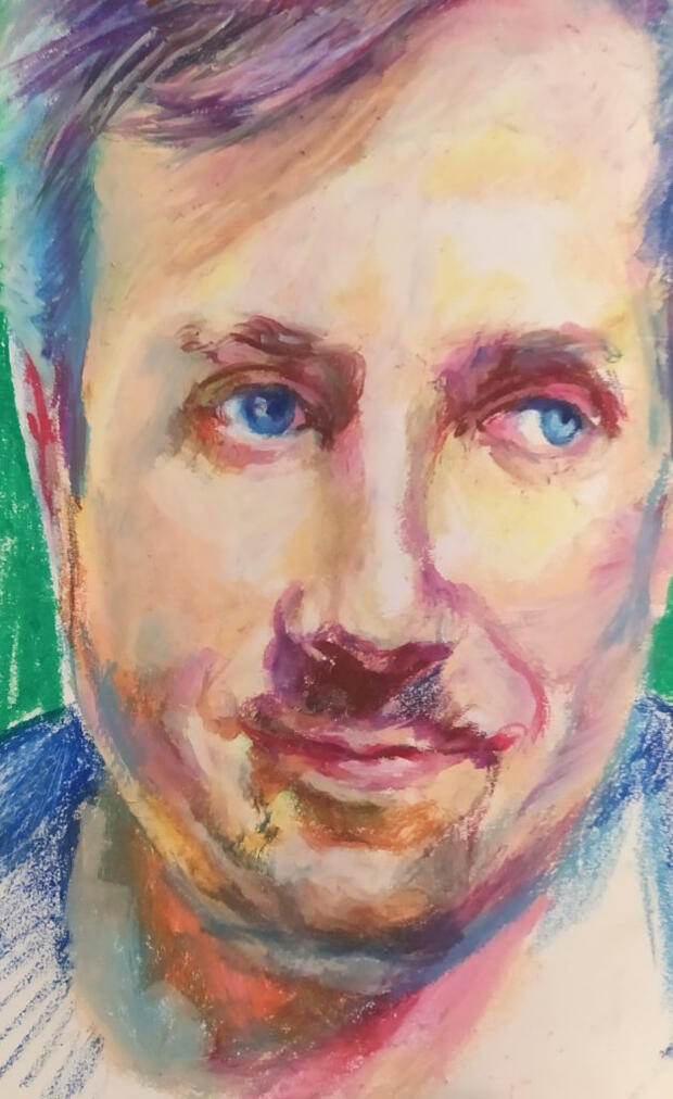 „Artysta awangardowy o pseudonimie Drób” Pastela olejna na papierze Za.