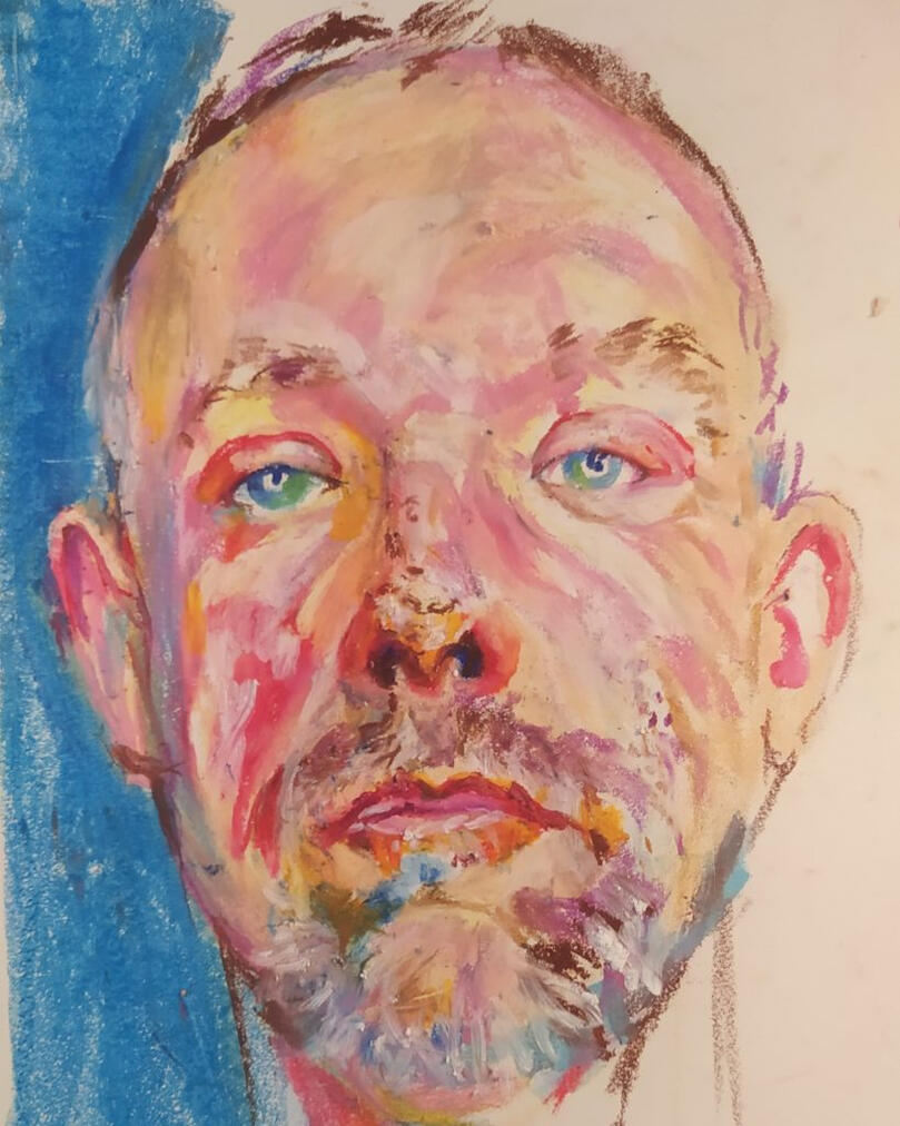 „Sebastian z poparzoną twarzą” Pastela olejna na papierze A3