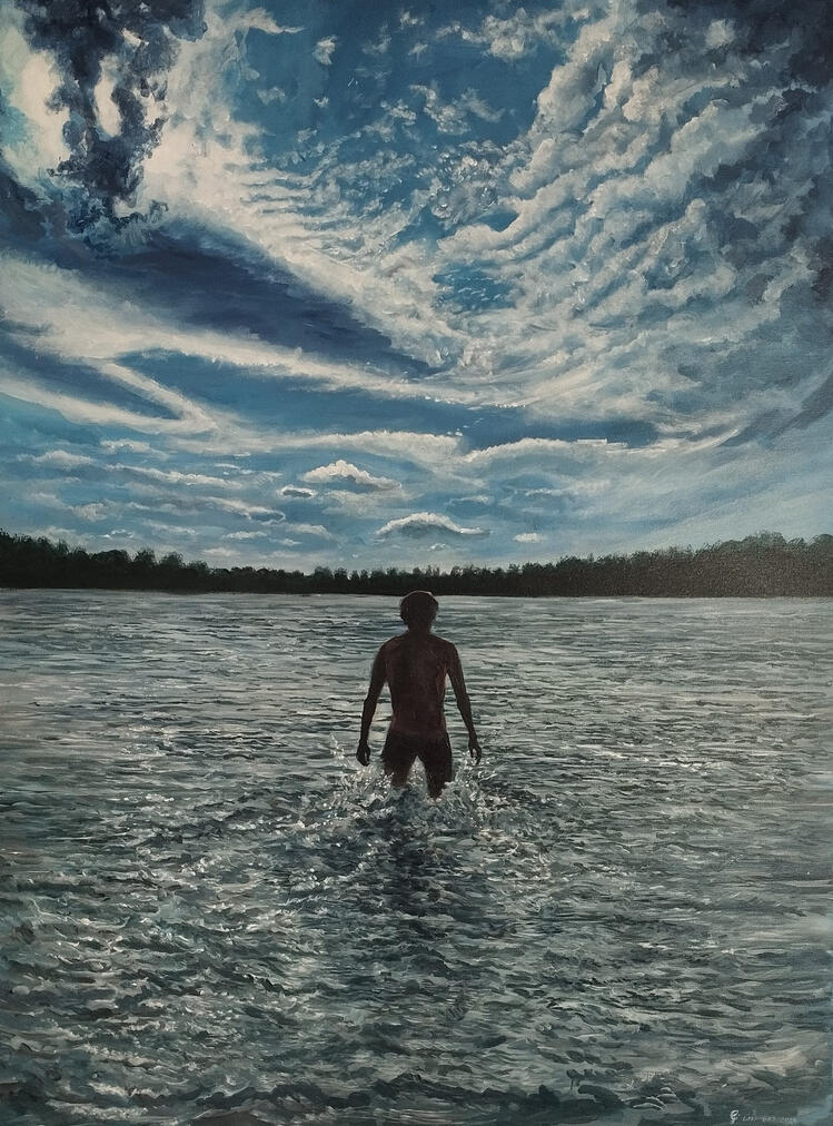 Człowiek pierwotny . Obraz akrylowy na płótnie 120x90 cm. 2024r.