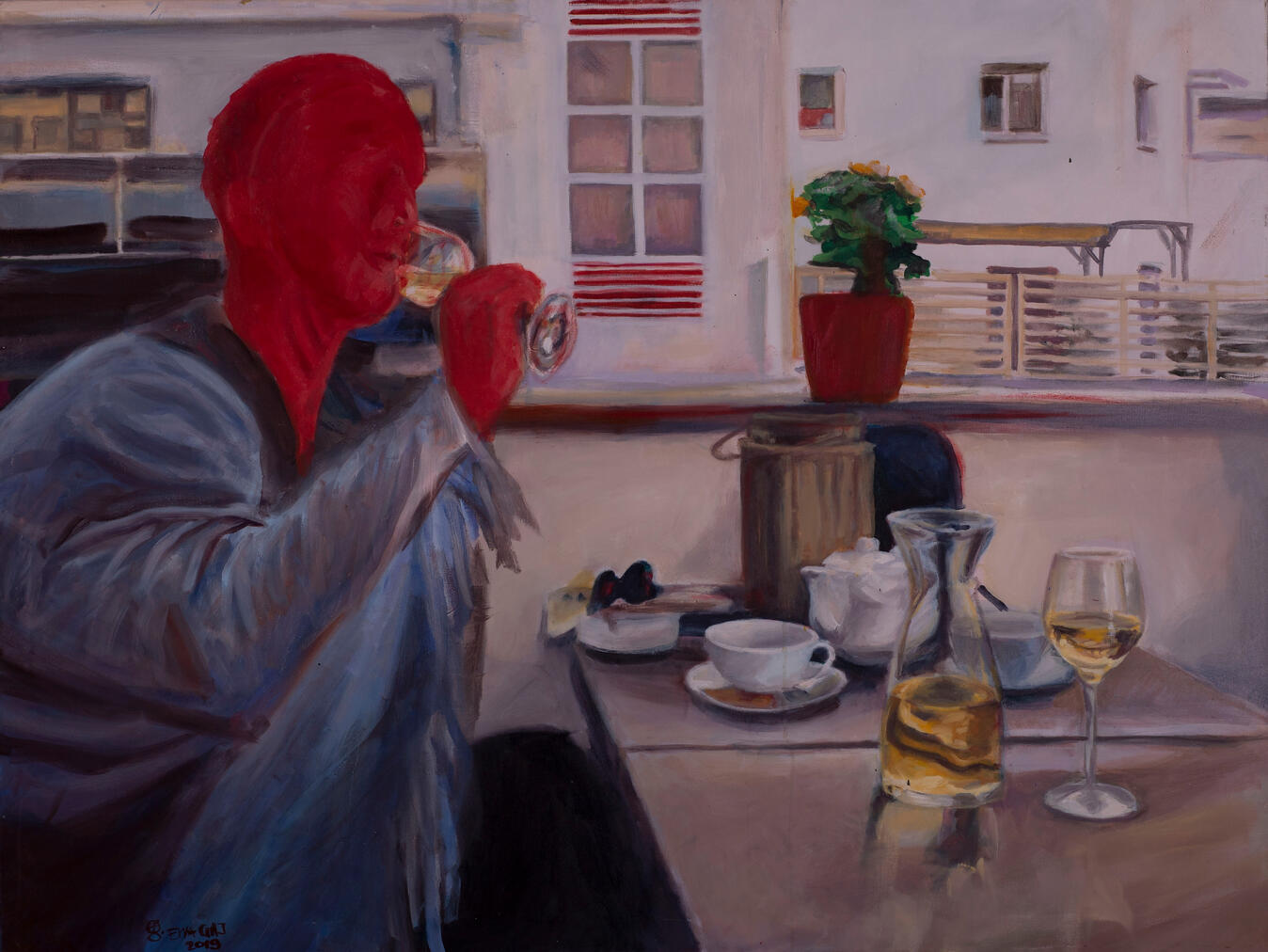 Leniwy marszand jako uczestnik festiwalu filmów amatorskich na dachu Kogla Mogla w Koninie. 2019. Obraz olejny na płótnie 120x100 cm