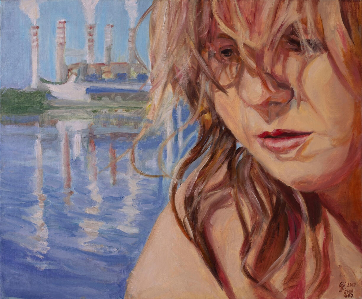 Mała Maja na pomoście we Władzimirowie. Obraz olejny na płótnie 50x60 cm. 2018r. Kolekcja prywatna