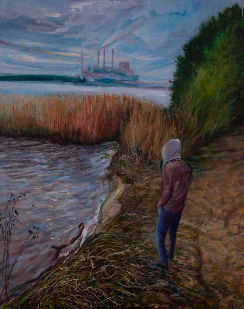 Piotrek palący vapo. Obraz olejny na płótnie 100x80cm. 2020r. Kolekcja prywatna