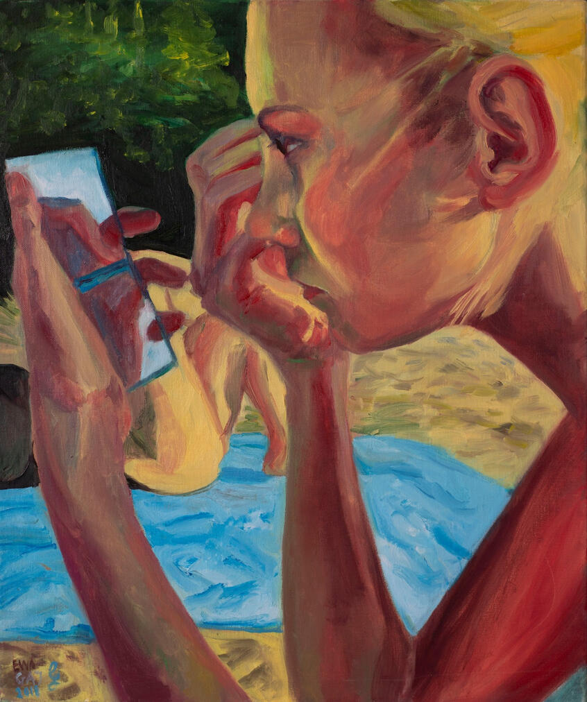 Maja Gaj korygująca brwi na plaży w Mrówkach. Obraz olejny 50x60cm. 2018r. Kolekcja prywatna