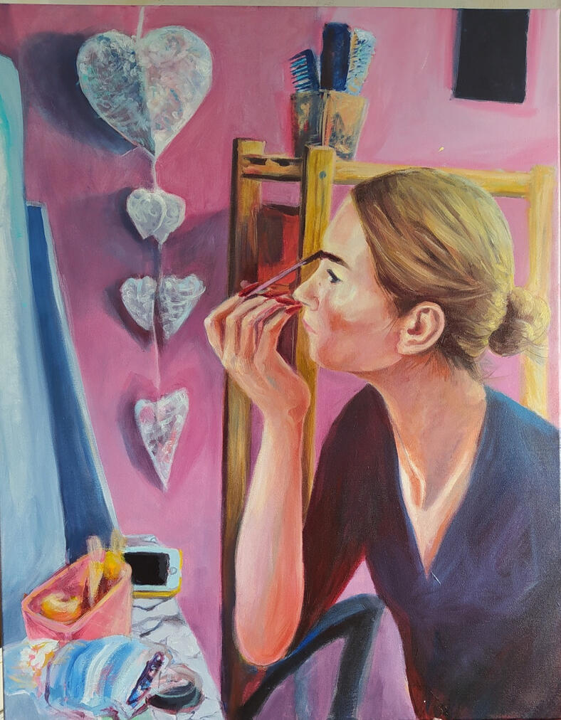 Makijaż. Obraz olejny na płótnie 100x80 cm. 2019r. Kolekcja prywatna.