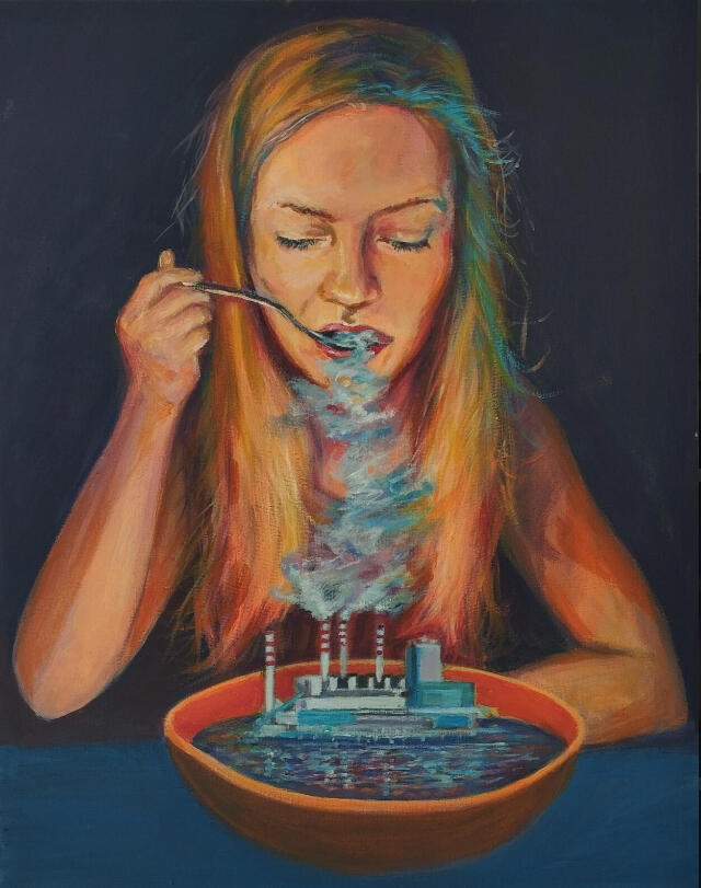 Monika jedząca dym z elektrowni. Obraz akrylowy na płótnie 40x50 cm. 2024r.