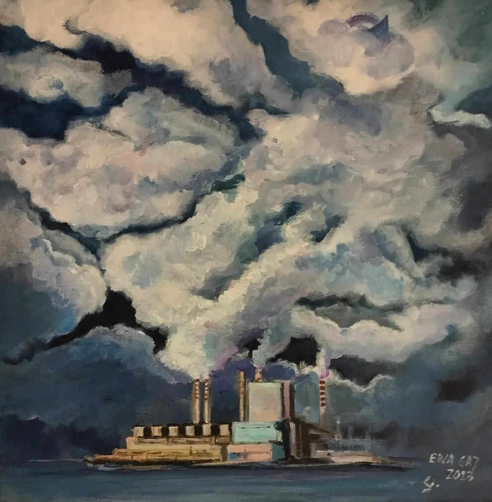 Fabryka chmur . Obraz akrylowy na płótnie 35x35cm. 2023r. Kolekcja prywatna