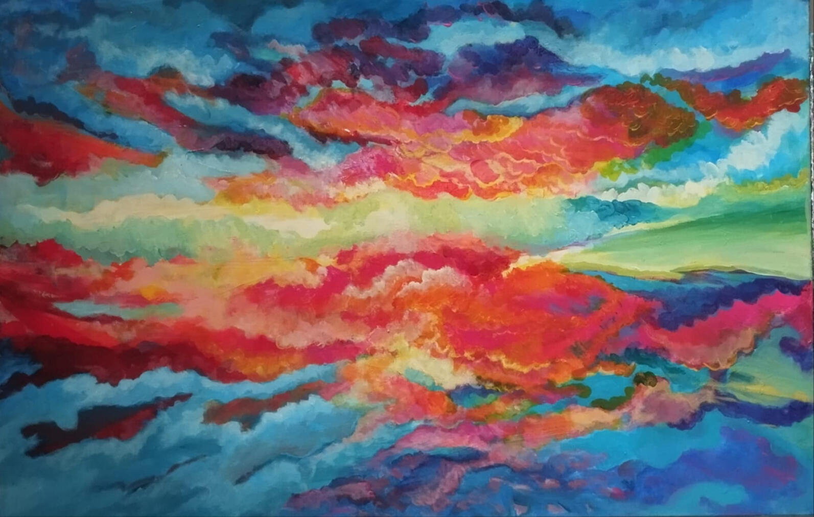 "Taki jest chyba widok z okna samolotu". Akryl na płótnie 75x110 cm. Kolekcja prywatna.