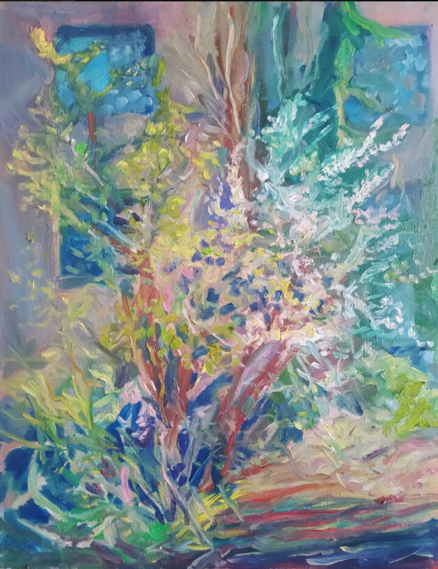 „Ogród u Janki” Widok z okna pracowni. Olej na płótnie 40×50 cm.